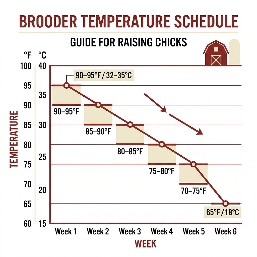 Brooder temperature schedule — weekly temperature drop from 90–95°F in week 1 to 65°F by week 6