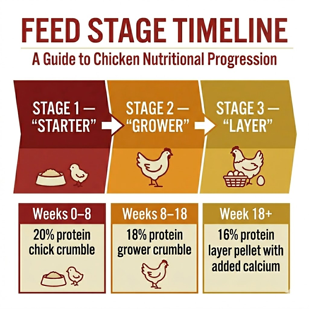 Feed stage timeline showing Starter (weeks 0–8, 20% protein), Grower (weeks 8–18, 18% protein), and Layer (week 18+, 16% protein with calcium)