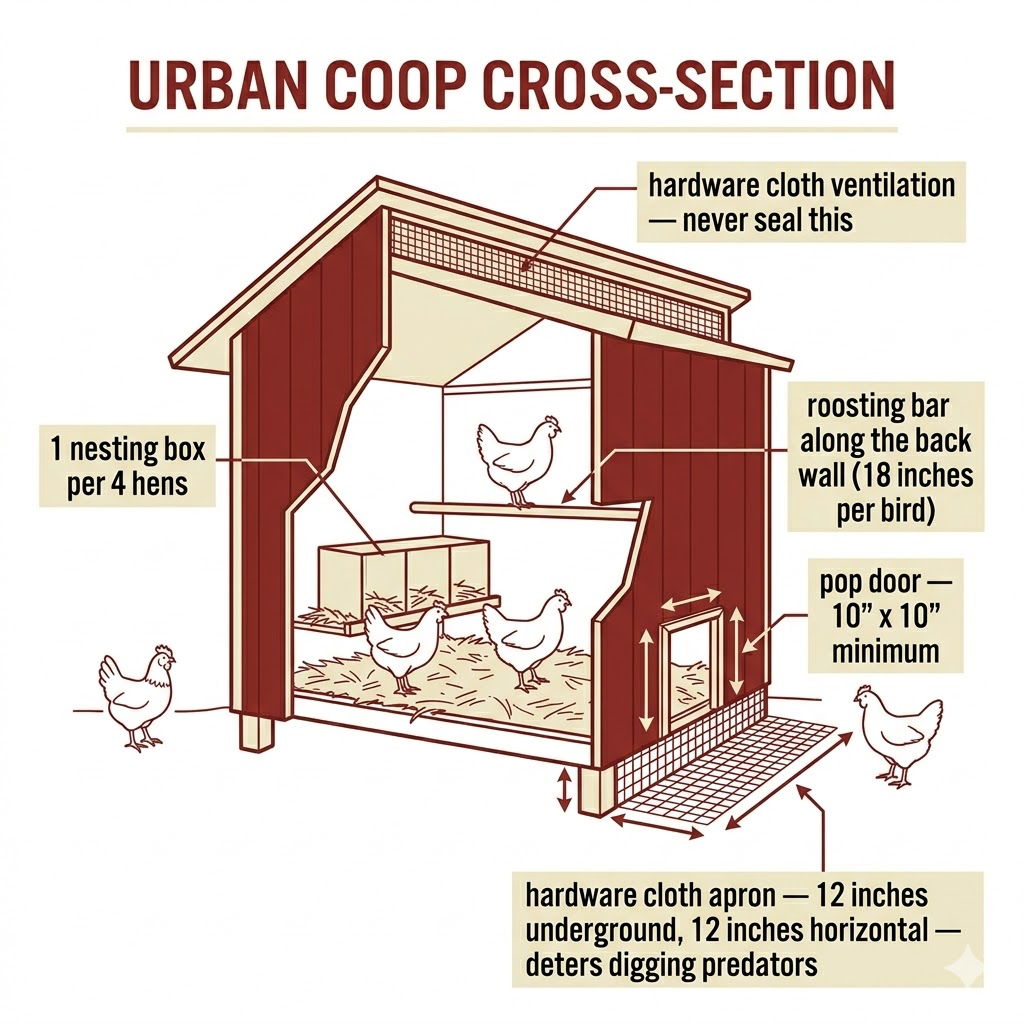 Urban coop cross-section diagram showing nesting box, roosting bar, ventilation, pop door, and underground hardware cloth apron